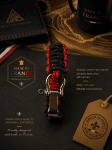 premium survival paracord bracelet handmade in france red/black marine shackle